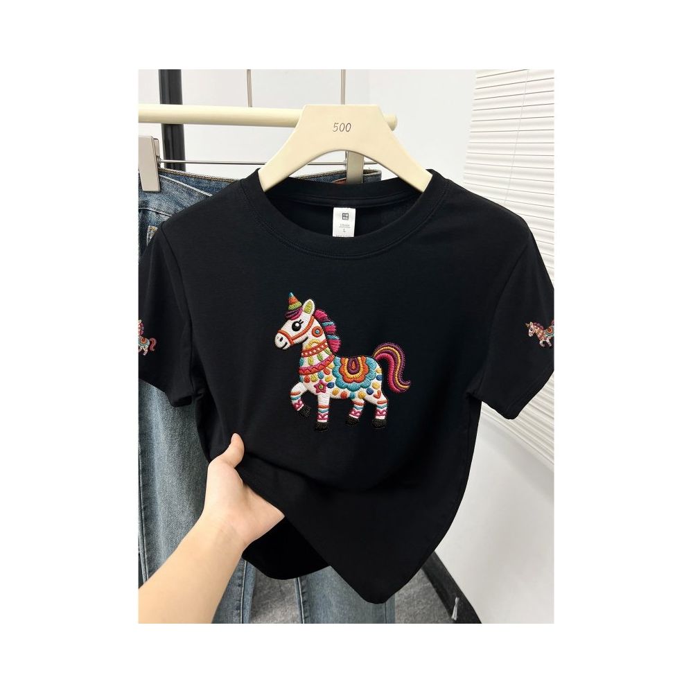 Large size women  summer new item belly covering round neck fat mm slimming New Year s red pony shoulder short sleeved t shirt