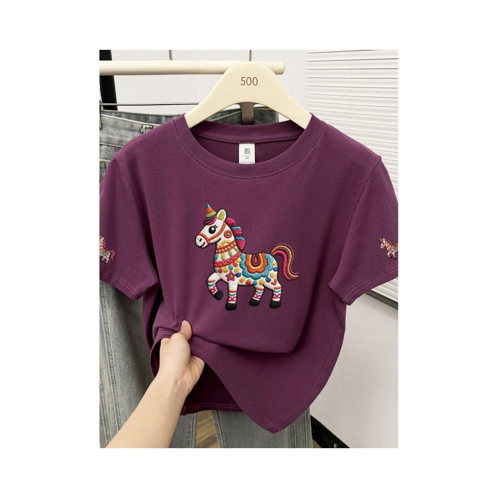 Large size women  summer new item belly covering round neck fat mm slimming New Year s red pony shoulder short sleeved t shirt