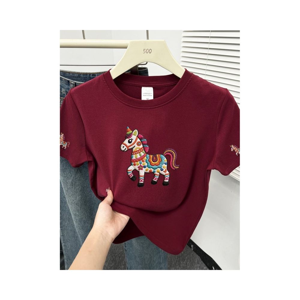 Large size women  summer new item belly covering round neck fat mm slimming New Year s red pony shoulder short sleeved t shirt