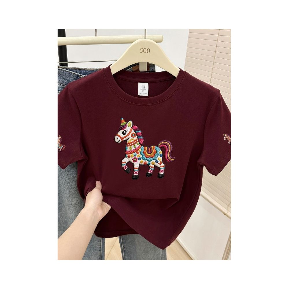 Large size women  summer new item belly covering round neck fat mm slimming New Year s red pony shoulder short sleeved t shirt