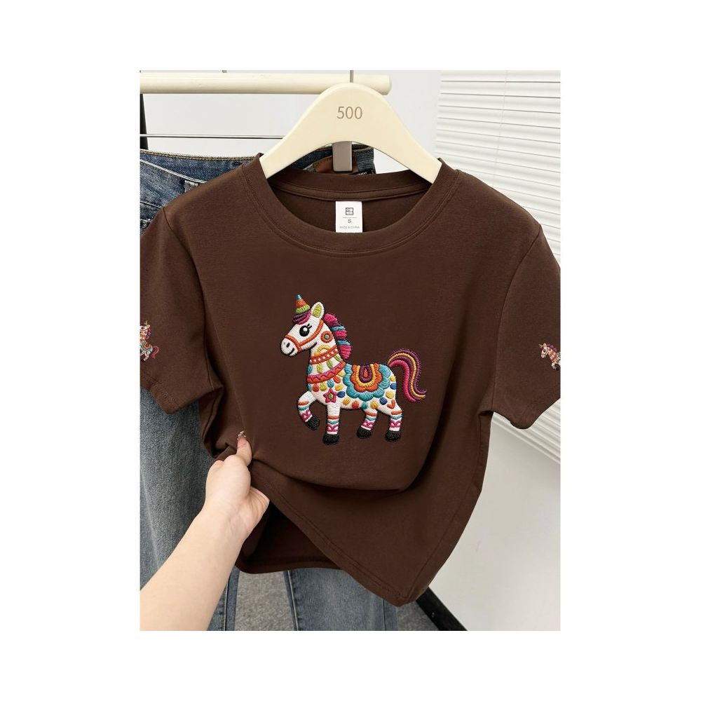 Large size women  summer new item belly covering round neck fat mm slimming New Year s red pony shoulder short sleeved t shirt