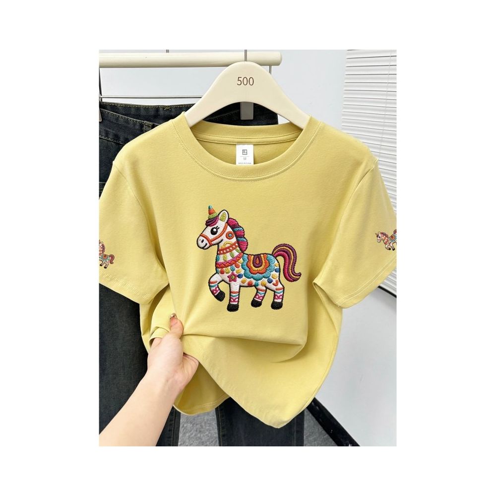 Large size women  summer new item belly covering round neck fat mm slimming New Year s red pony shoulder short sleeved t shirt