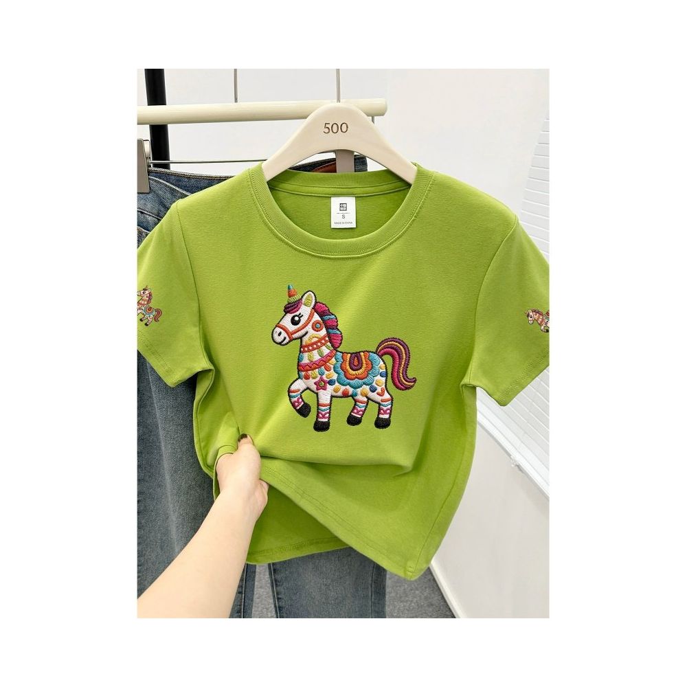Large size women  summer new item belly covering round neck fat mm slimming New Year s red pony shoulder short sleeved t shirt