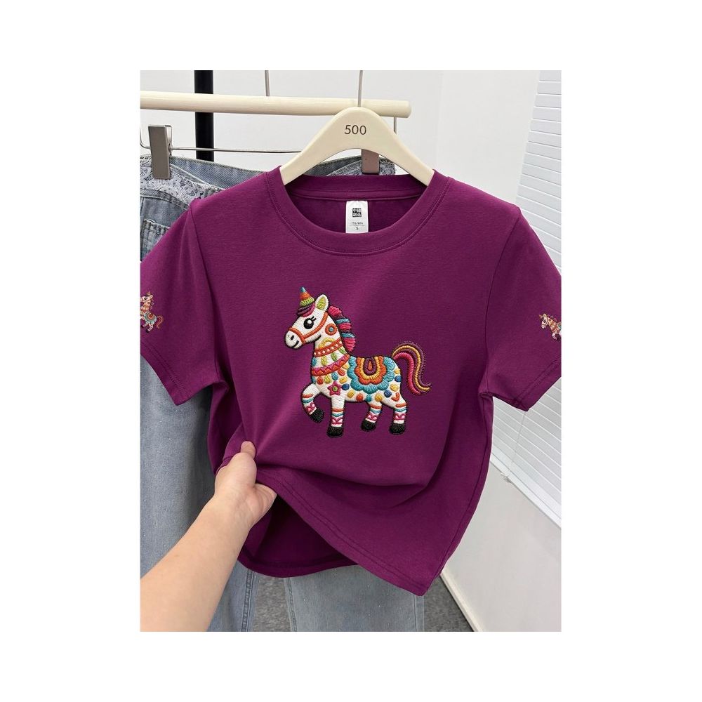 Large size women  summer new item belly covering round neck fat mm slimming New Year s red pony shoulder short sleeved t shirt