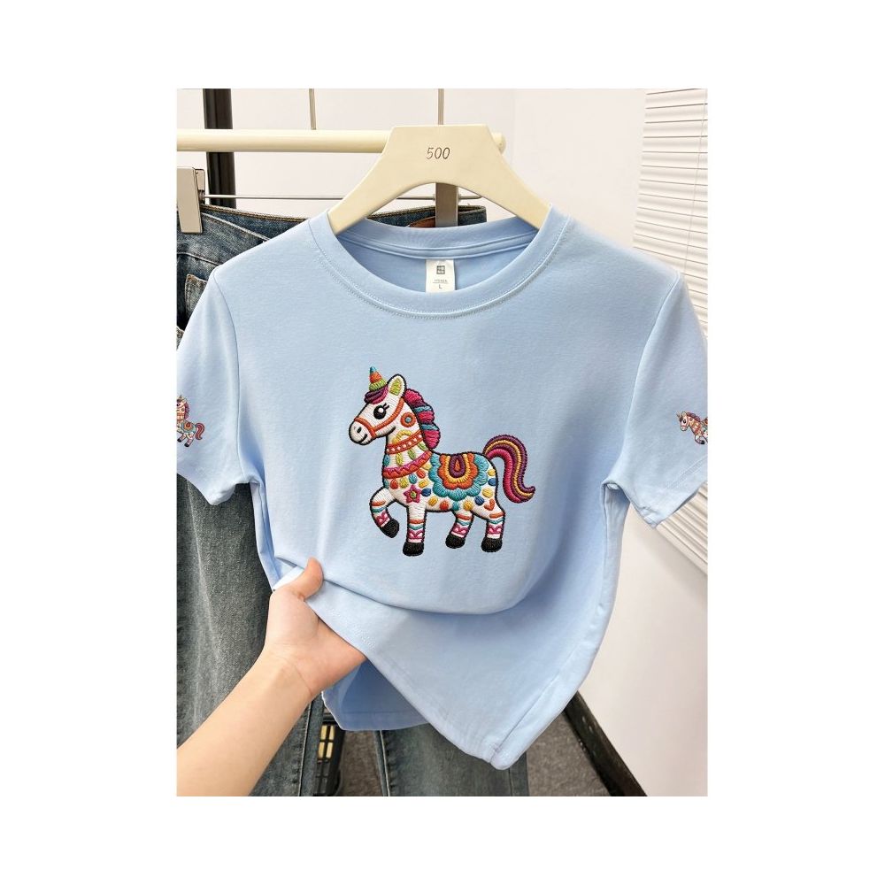 Large size women  summer new item belly covering round neck fat mm slimming New Year s red pony shoulder short sleeved t shirt