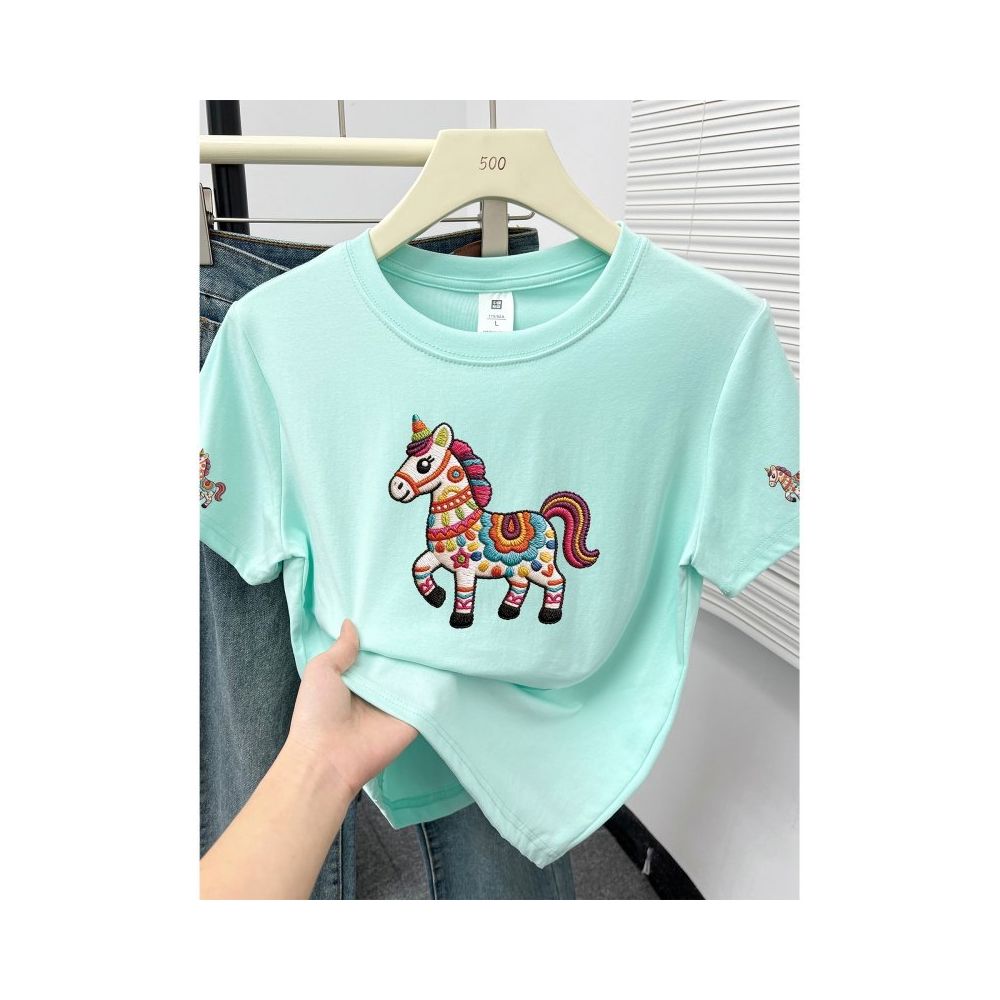 Large size women  summer new item belly covering round neck fat mm slimming New Year s red pony shoulder short sleeved t shirt