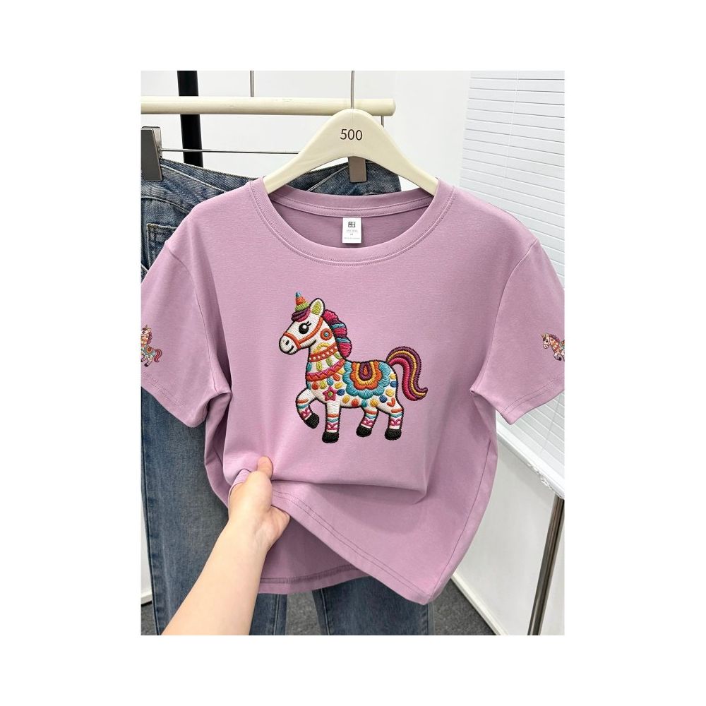 Large size women  summer new item belly covering round neck fat mm slimming New Year s red pony shoulder short sleeved t shirt