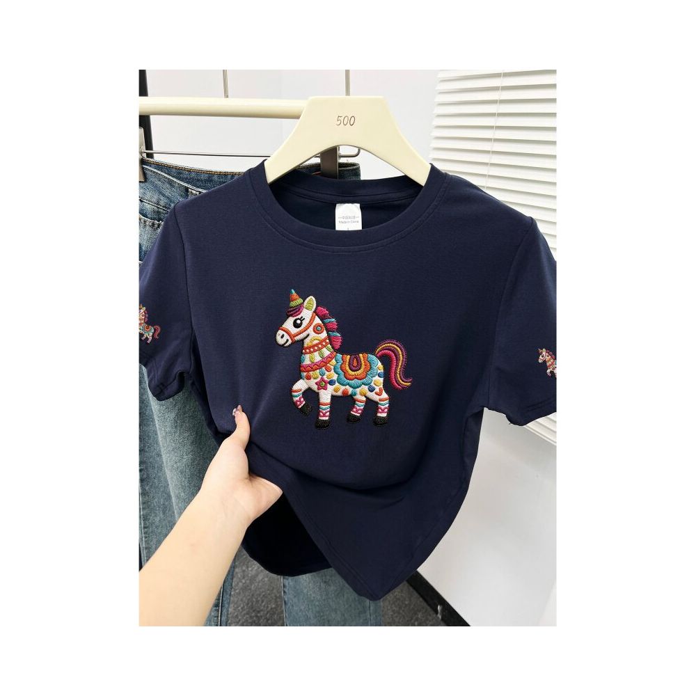 Large size women  summer new item belly covering round neck fat mm slimming New Year s red pony shoulder short sleeved t shirt