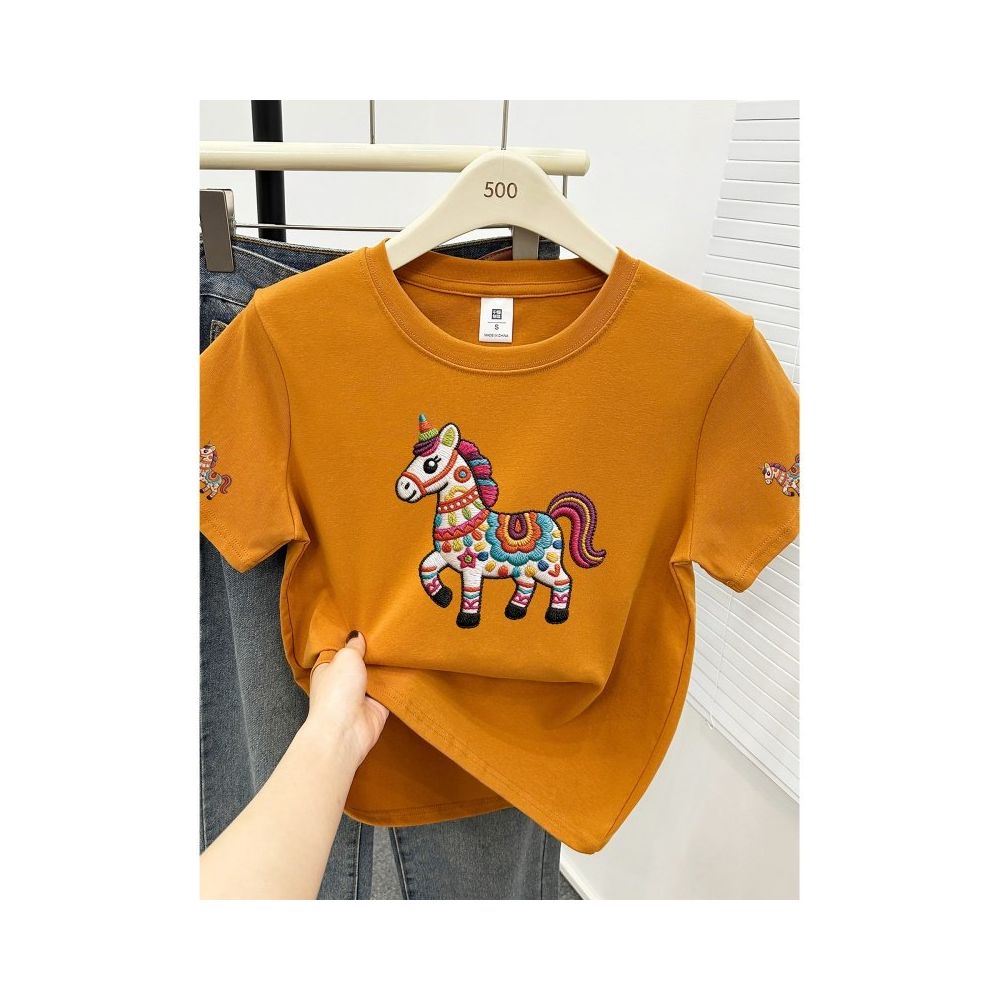 Large size women  summer new item belly covering round neck fat mm slimming New Year s red pony shoulder short sleeved t shirt