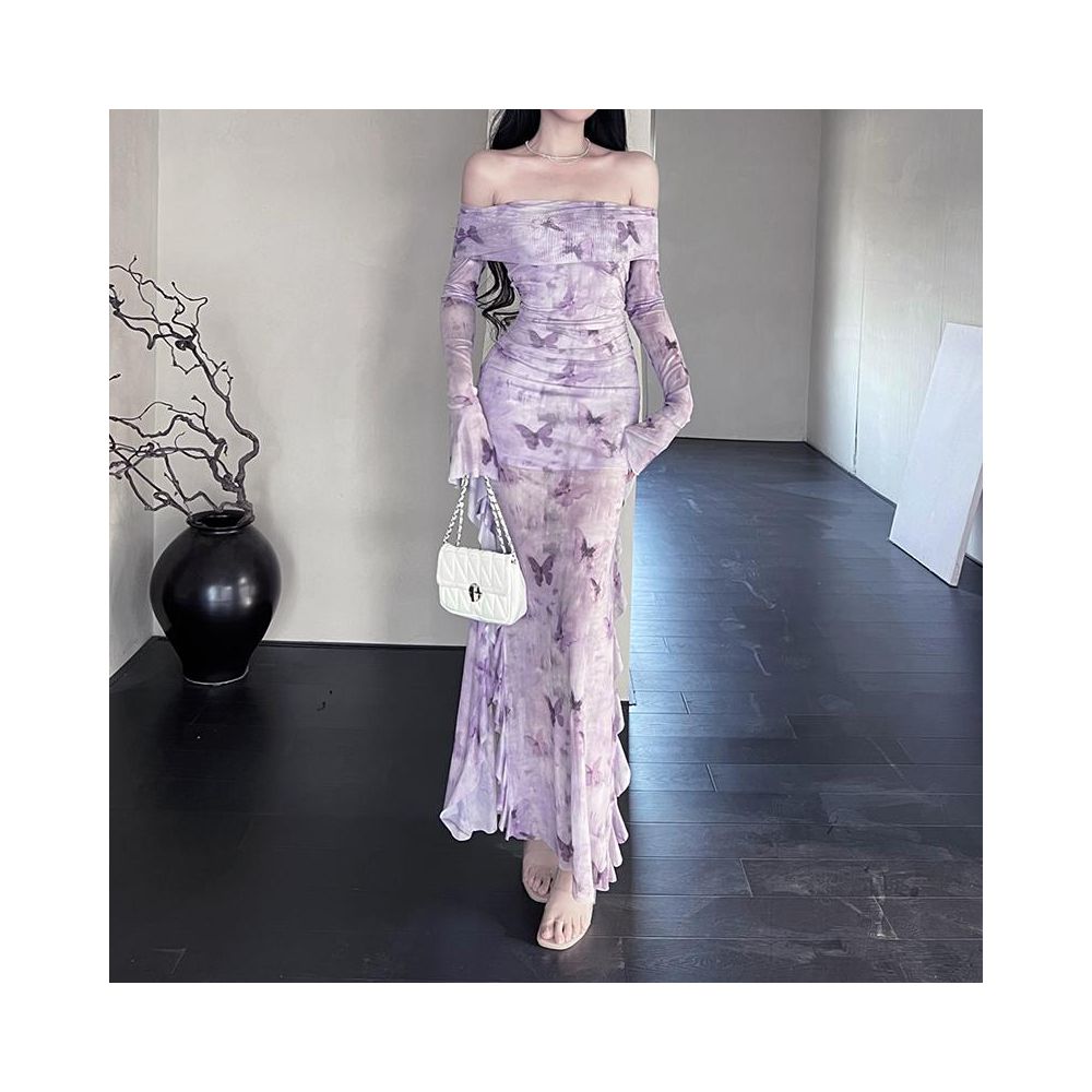 Instanning French Retro Purple Printed Dress Women s Sister Style High End Temperament Off Shoulder Fishtail Skirt image 1