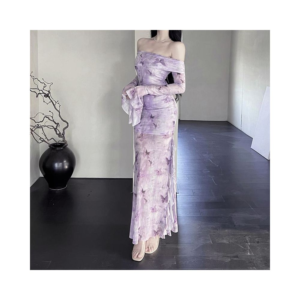 Instanning French Retro Purple Printed Dress Women s Sister Style High End Temperament Off Shoulder Fishtail Skirt image 3