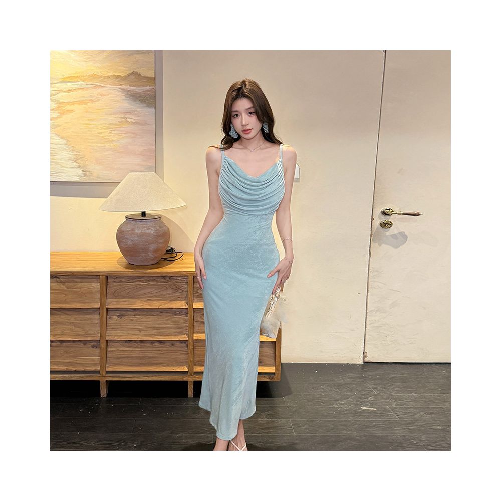 French retro waist cinched pleated temperament sexy backless hanging collar camisole dress for women 2025 new style summer