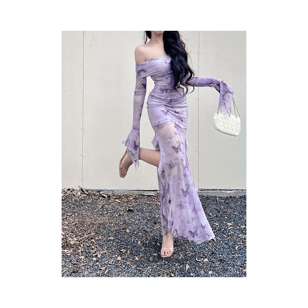 New Chinese style retro one shoulder purple printed skirt for ladies high end dress women s slit temperament fishtail skirt image 0