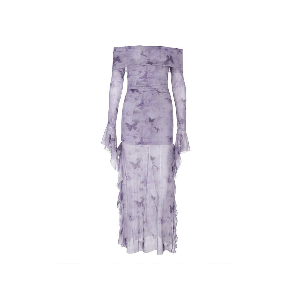 New Chinese style retro one shoulder purple printed skirt for ladies high end dress women s slit temperament fishtail skirt image 4