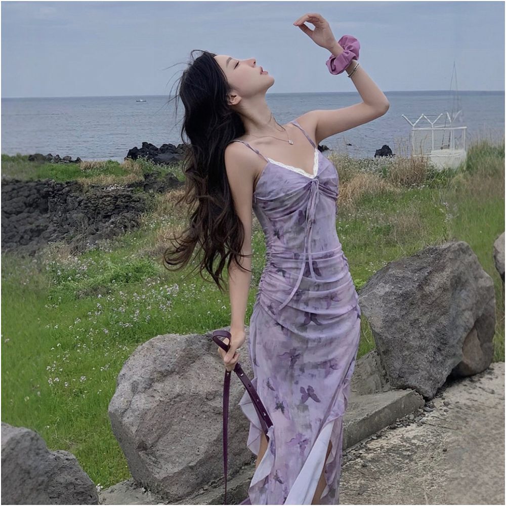 New Chinese style retro one shoulder purple printed skirt for ladies high end dress women s slit temperament fishtail skirt
