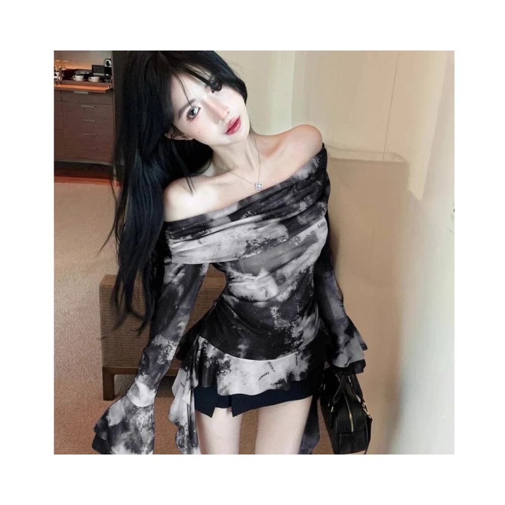 American retro design with flared sleeves and a single collar dyed mesh T shirt summer irregular ribbon sun protection top image 0