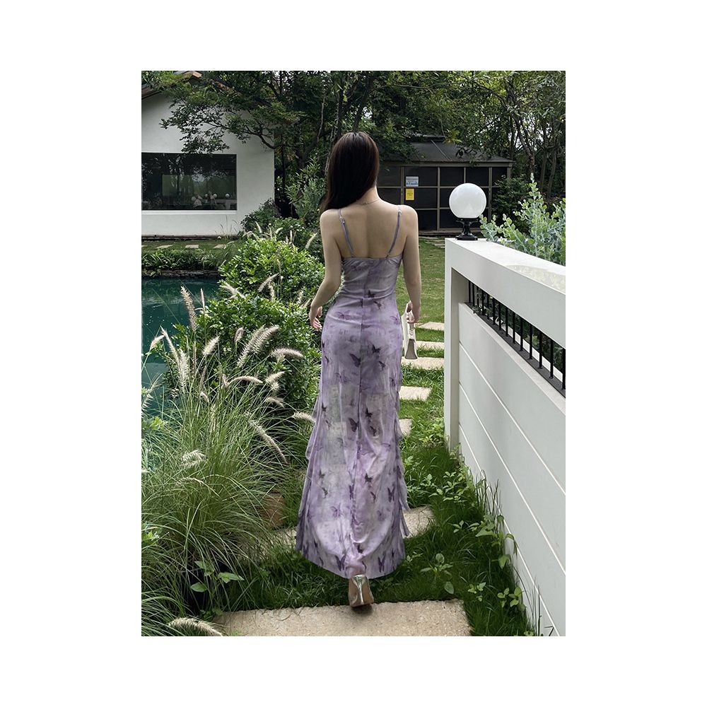 Vacation style butterfly print purple suspender skirt for women s summer new style spicy girl with waist cinched and ruffled edge design long skirt image 3