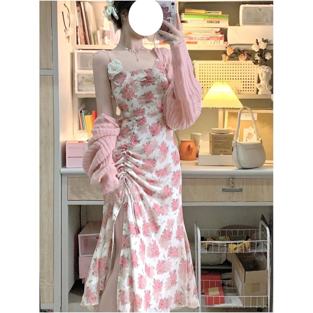 Elegant and pure sweet camisole long dress set for women summer plus size chubby sister slimming dress sun protection shirt two piece set