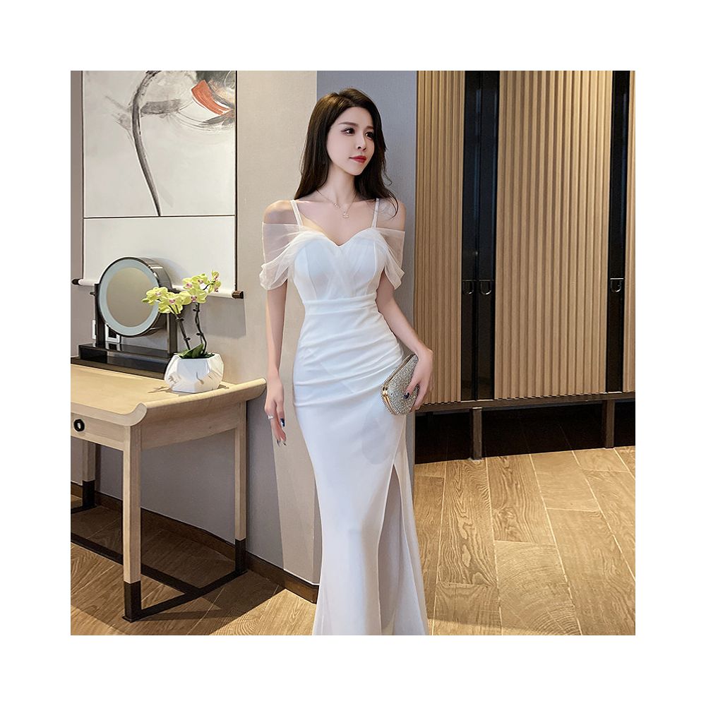 Sexy off shoulder halter evening dress new summer style karaoke and foot massage technician uniform slim fit slit bodycon long skirt
