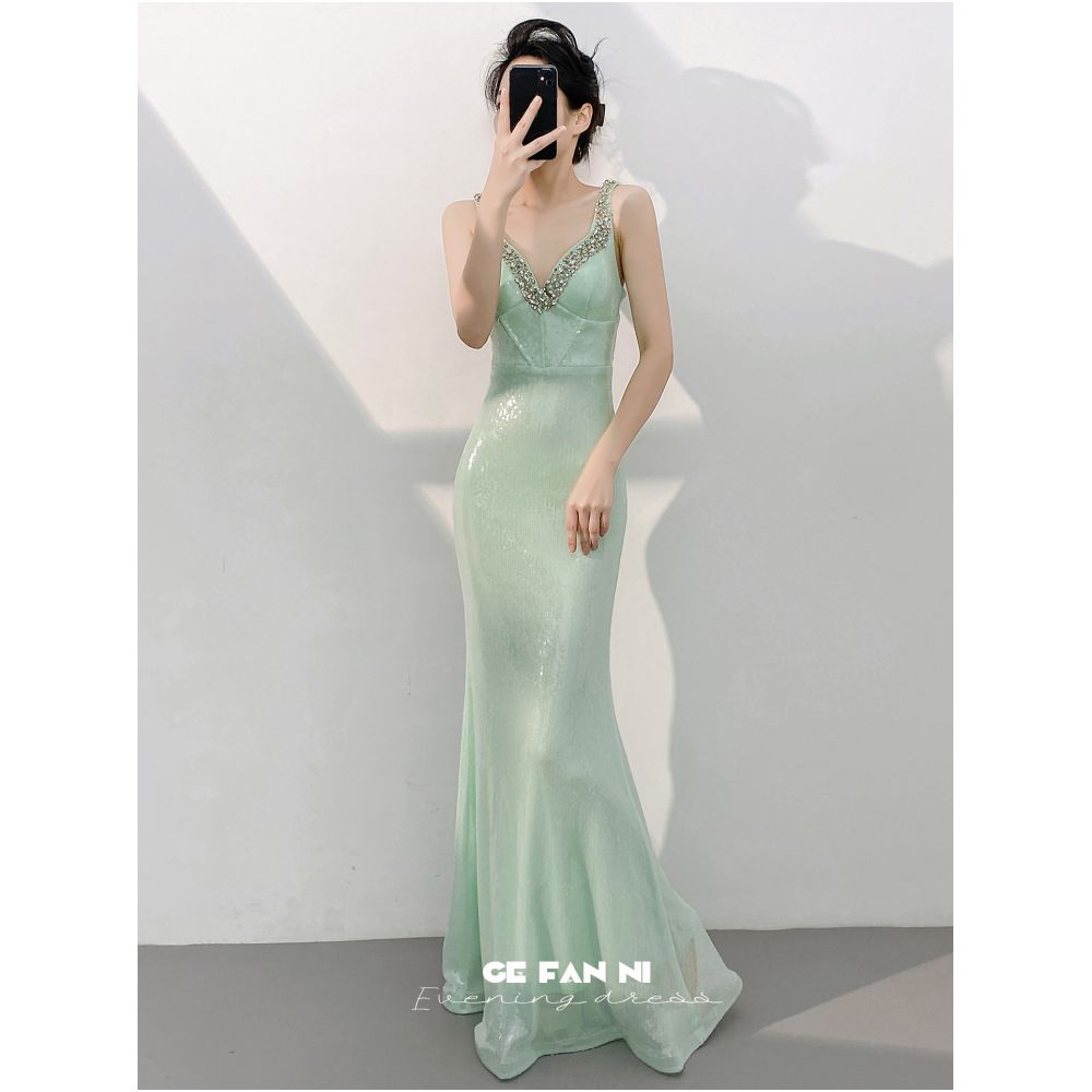 High end evening gown for women 2025 new style elegant green sequined fishtail long dress for banquets V neck image 1