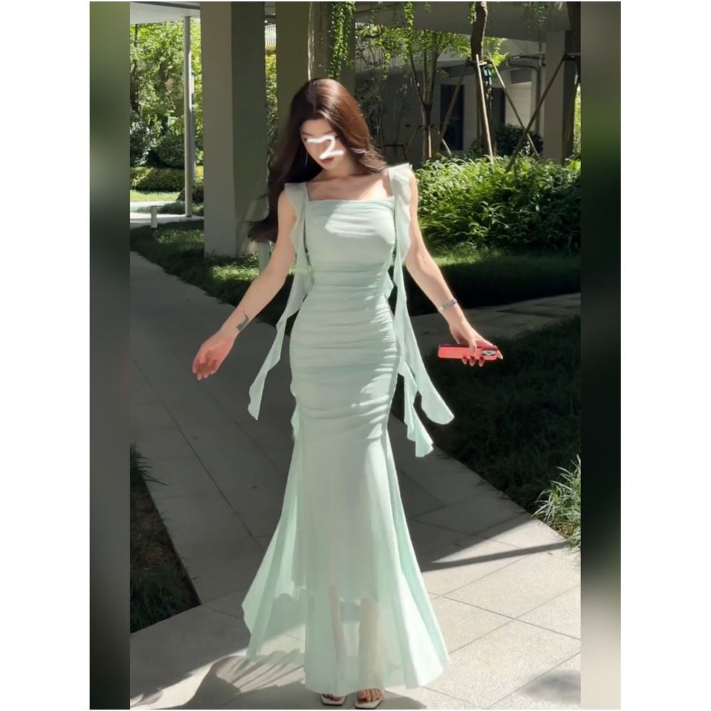 French style exquisite green mesh sundress for women perfect for summer beach vacations elegant fitted waist bodycon fishtail maxi skirt image 2
