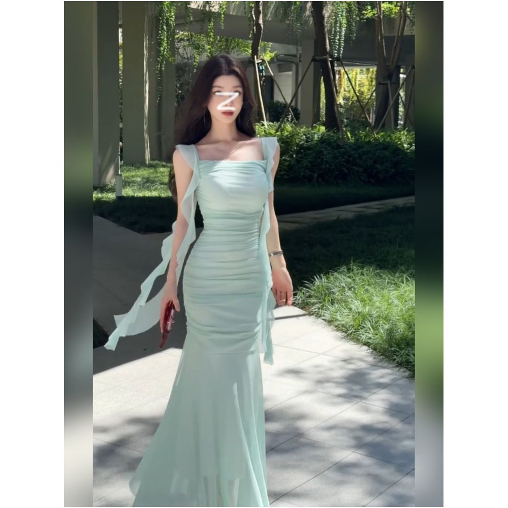French style exquisite green mesh sundress for women perfect for summer beach vacations elegant fitted waist bodycon fishtail maxi skirt
