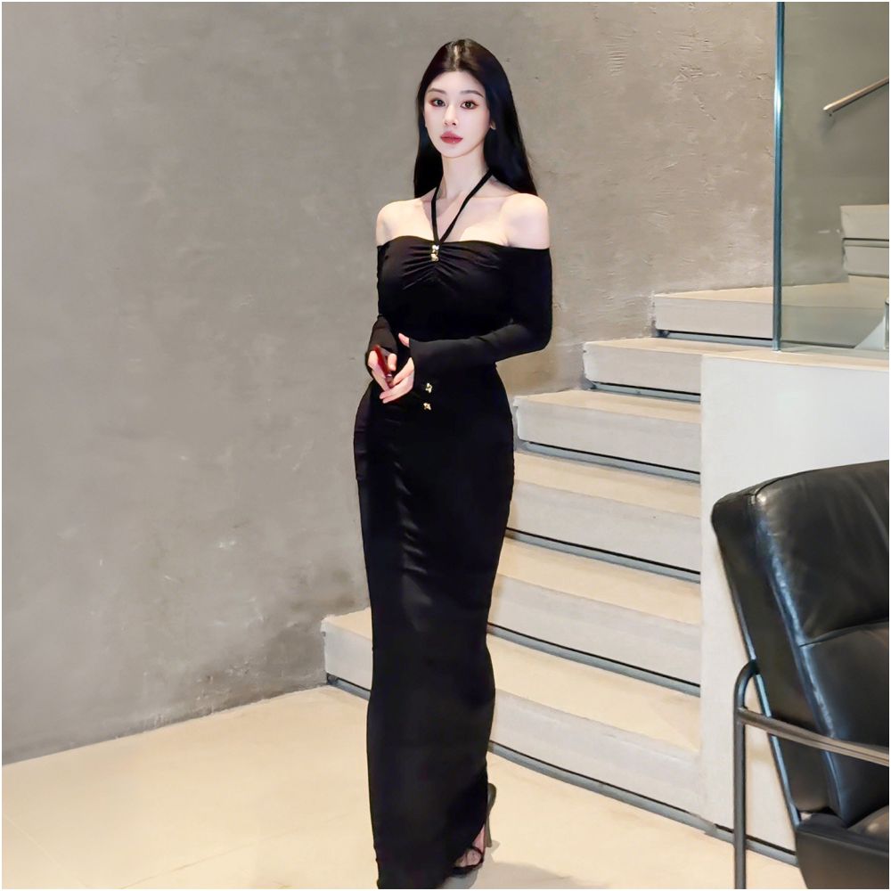 Lin Buwan s Pure and Alluring Halter Neck Off Shoulder Long Sleeved Dress Autumn Winter Elegant High End Sexy and Slim Fit Long Gown image 0