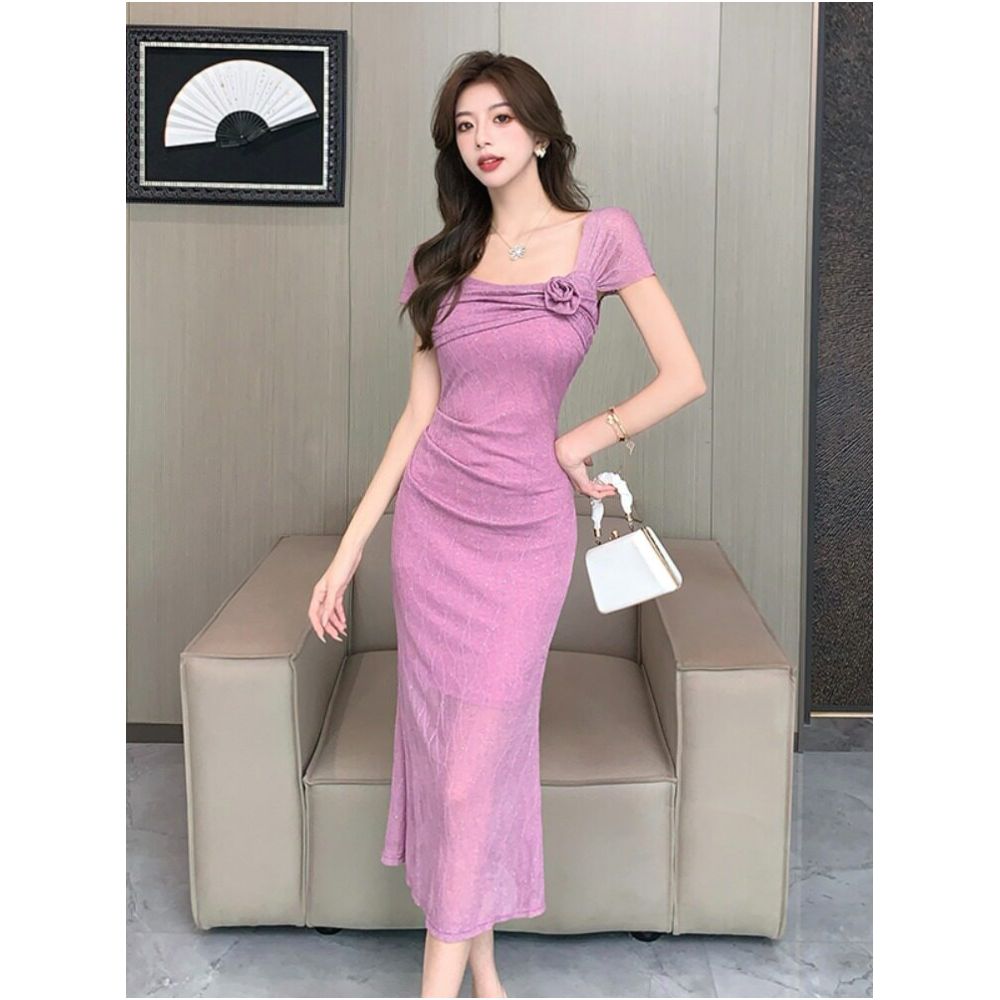 French style elegant and sweet floral ruffled square neck short sleeved dress chic and youthful high class cocktail dress image 2