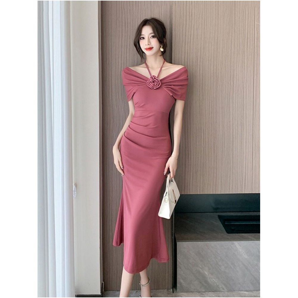 Korean chic summer French style off shoulder halter neck floral high end slim fit slit bodycon fishtail dress for women image 1