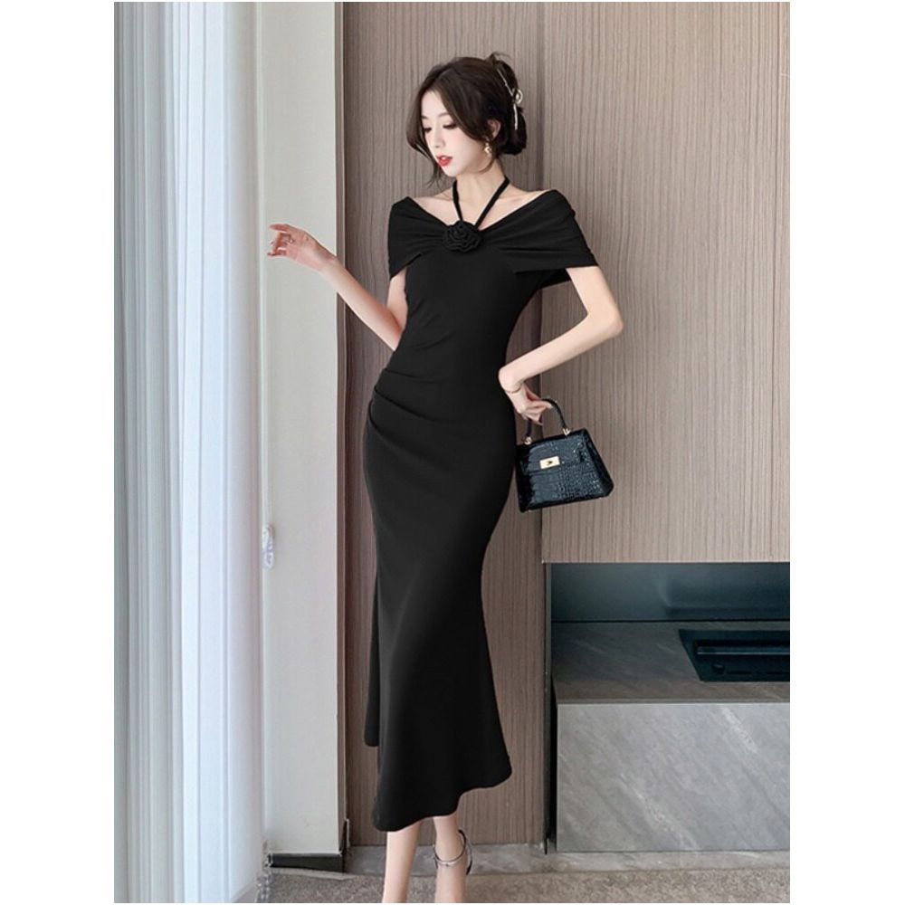 Korean chic summer French style off shoulder halter neck floral high end slim fit slit bodycon fishtail dress for women image 3