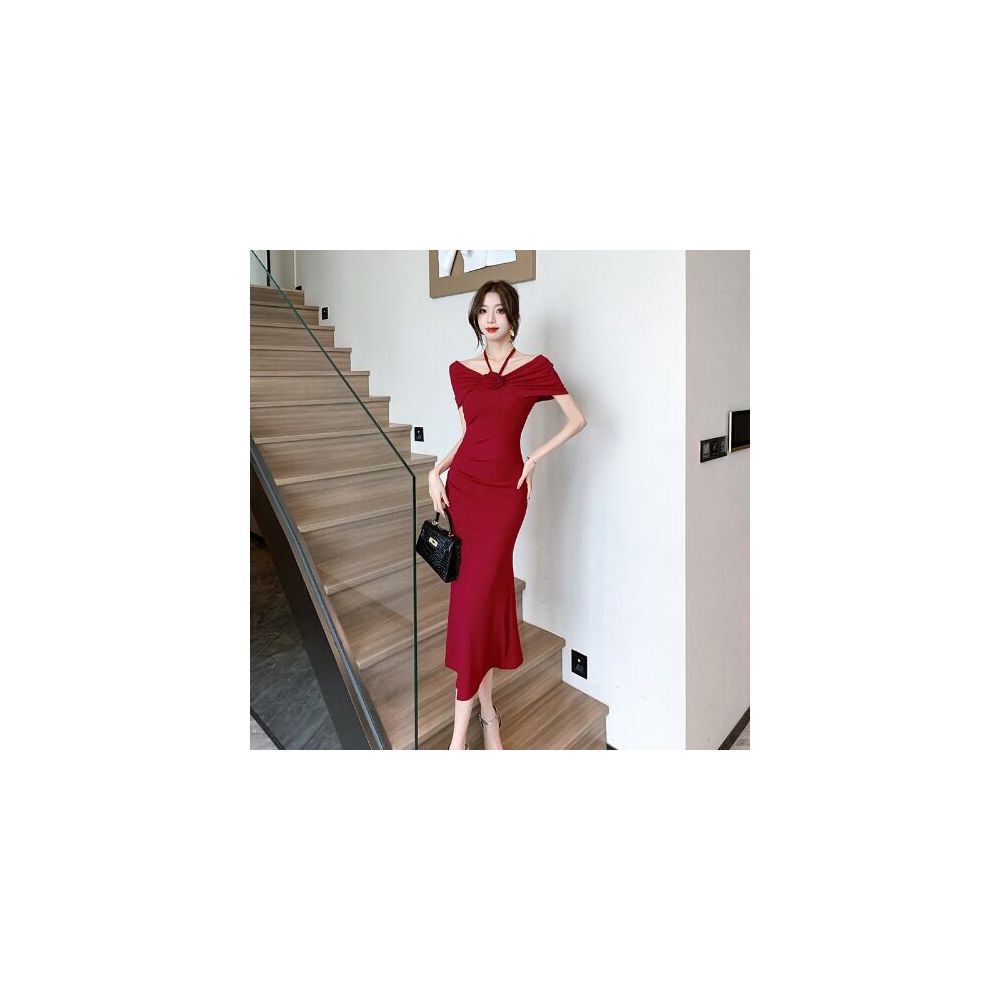 Korean chic summer French style off shoulder halter neck floral high end slim fit slit bodycon fishtail dress for women