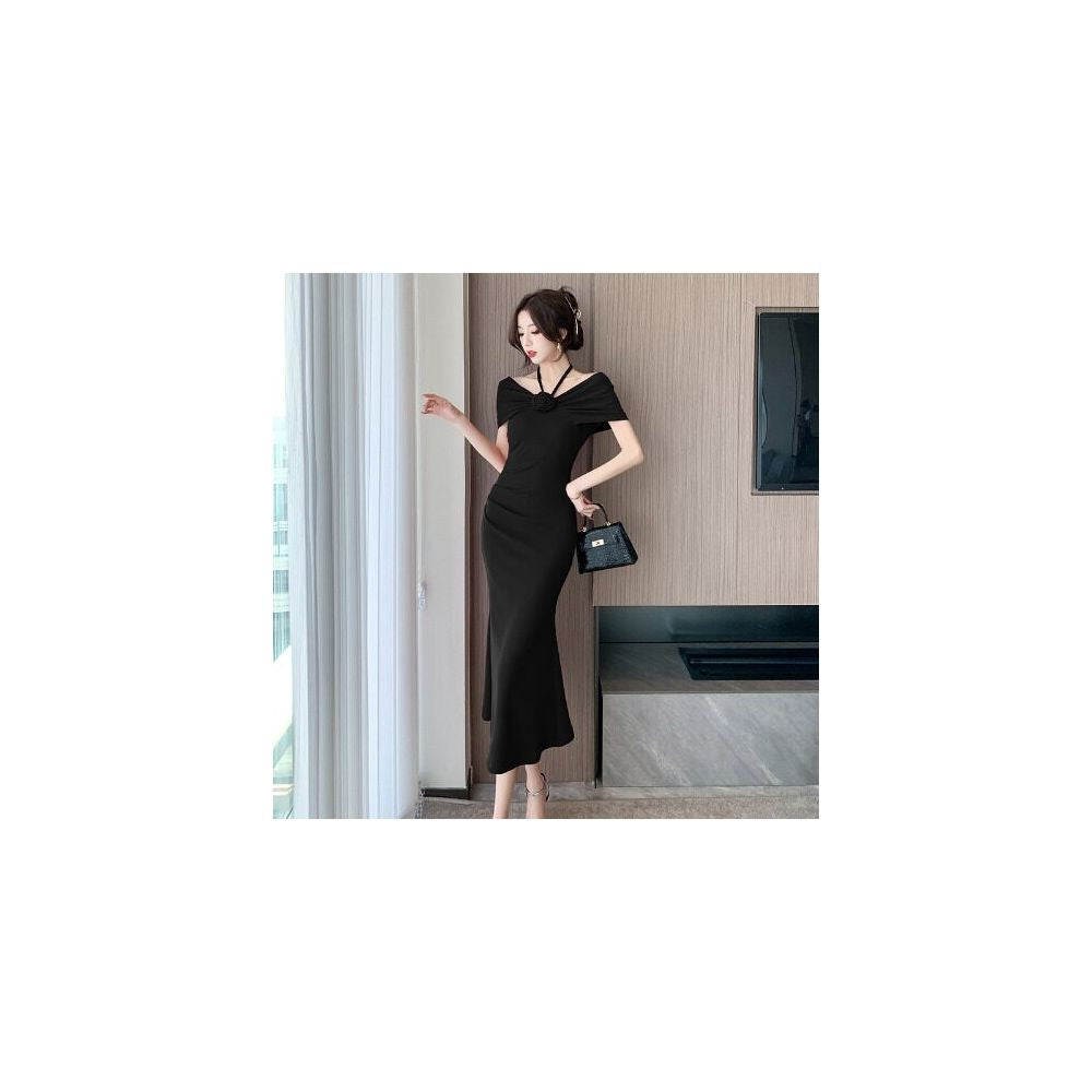 Korean chic summer French style off shoulder halter neck floral high end slim fit slit bodycon fishtail dress for women