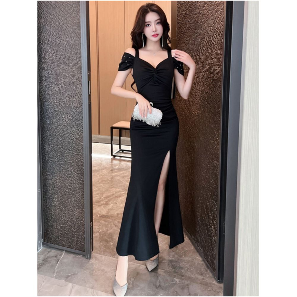Korean chic summer high end banquet evening dress elegant off shoulder short sleeved slim fit fishtail dress for women image 2
