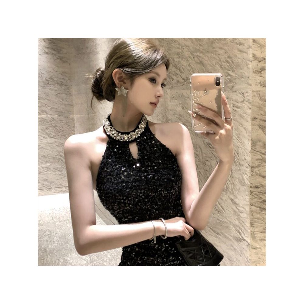 Sequined velvet heavy duty rhinestone embellished fitted halter neck banquet dress short style 2025 autumn winter dress image 1