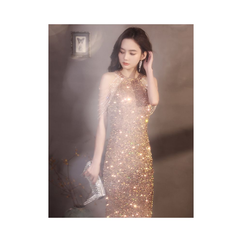 2025 New Style Gold Evening Gown for Women High End Light Luxury Niche Sophisticated Elegant for Banquets and Hostess Sparkling Mermaid Dress