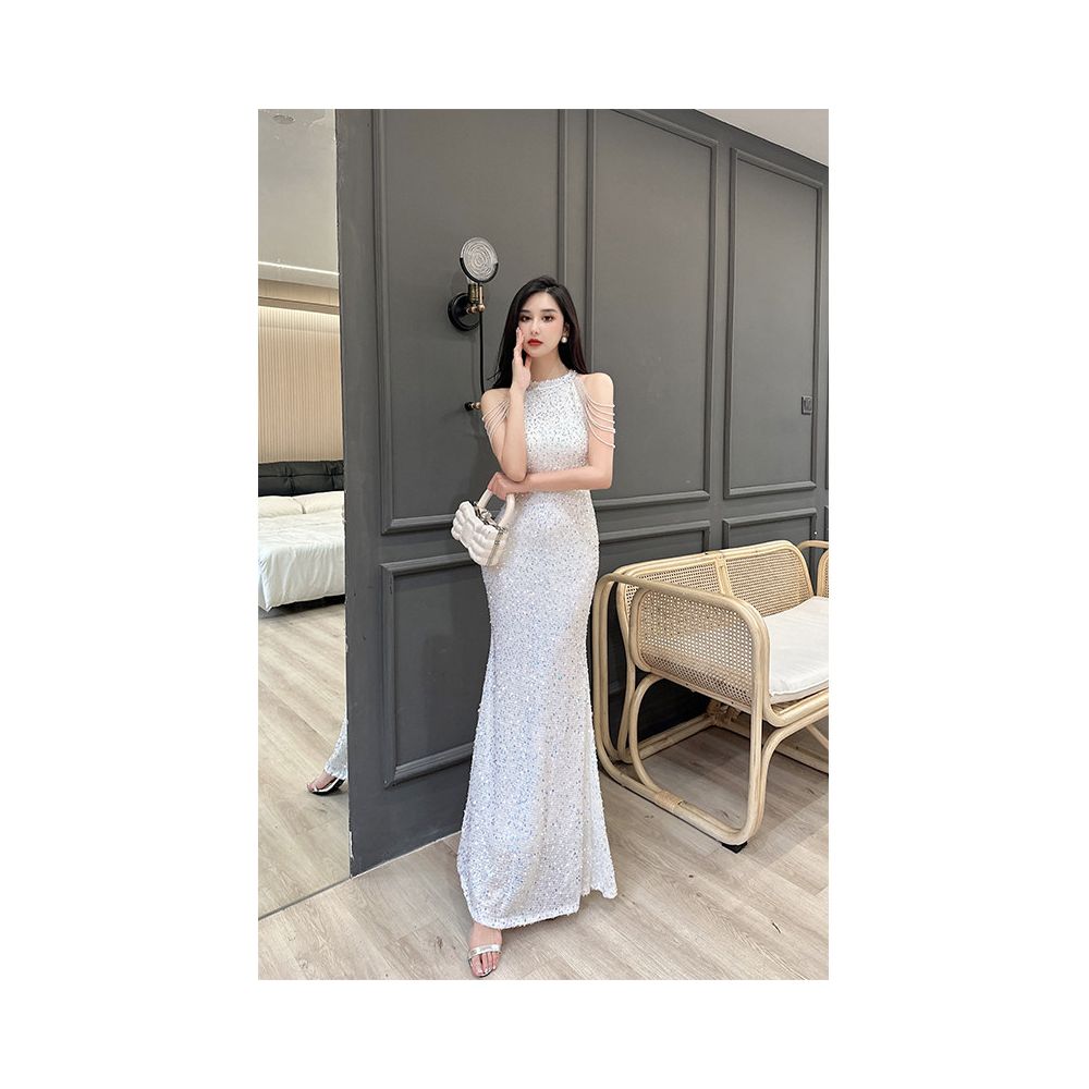 2025 New Style Gold Evening Gown for Women High End Light Luxury Niche Sophisticated Elegant for Banquets and Hostess Sparkling Mermaid Dress