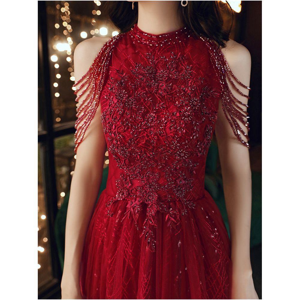 Wine red wedding dress for brides exuding elegance and sophistication featuring delicate tassels on the shoulders a touch of understated luxury image 3