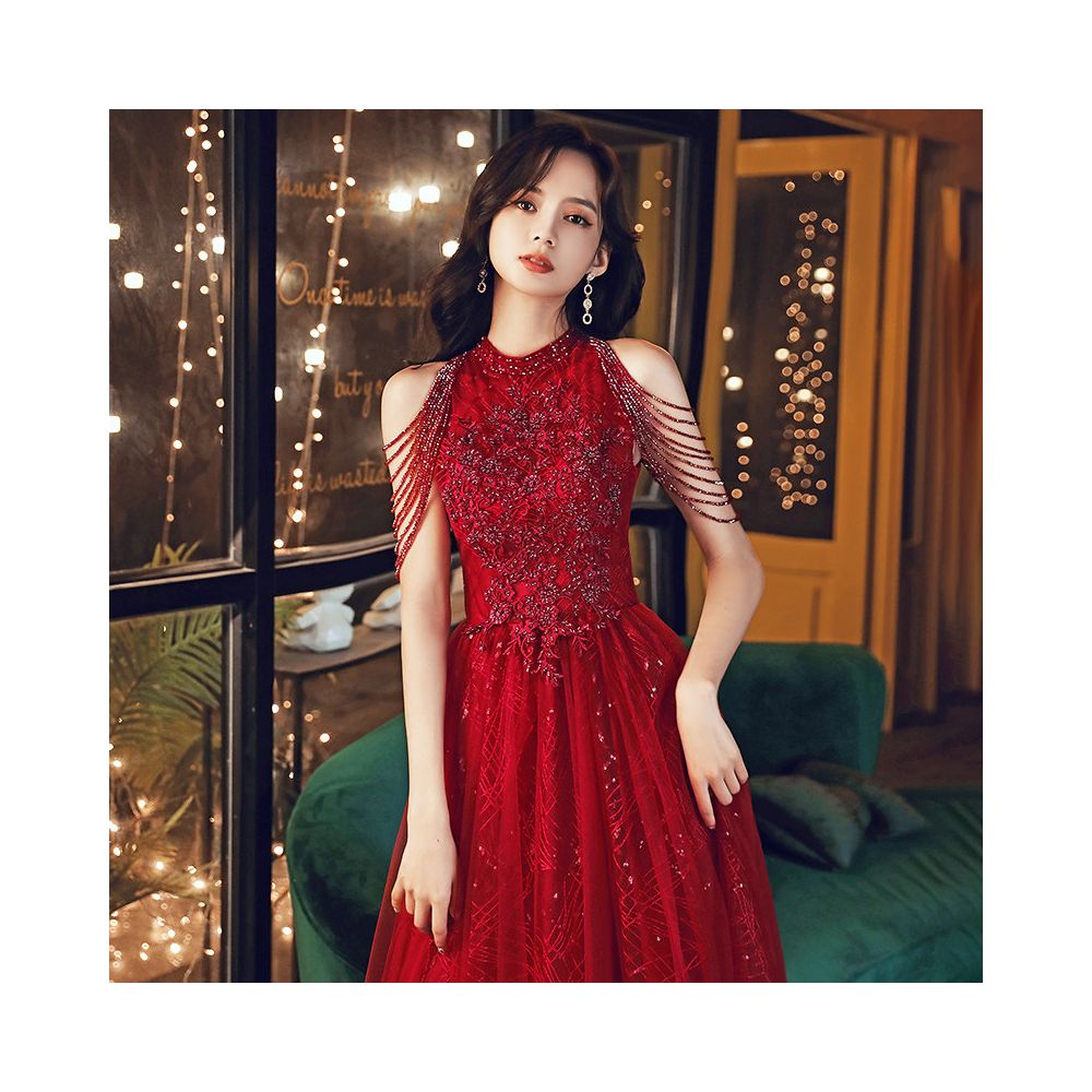 Wine red wedding dress for brides exuding elegance and sophistication featuring delicate tassels on the shoulders a touch of understated luxury image 0