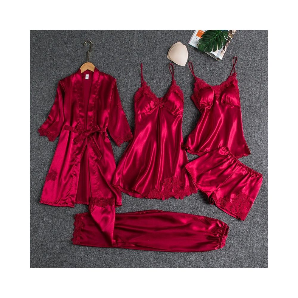 Women s Pajama Set with Padded Bra Spring Autumn and Summer Five Piece Silk Pajama Set Sexy Slip Dress Long Sleeved Robe Home Wear image 1