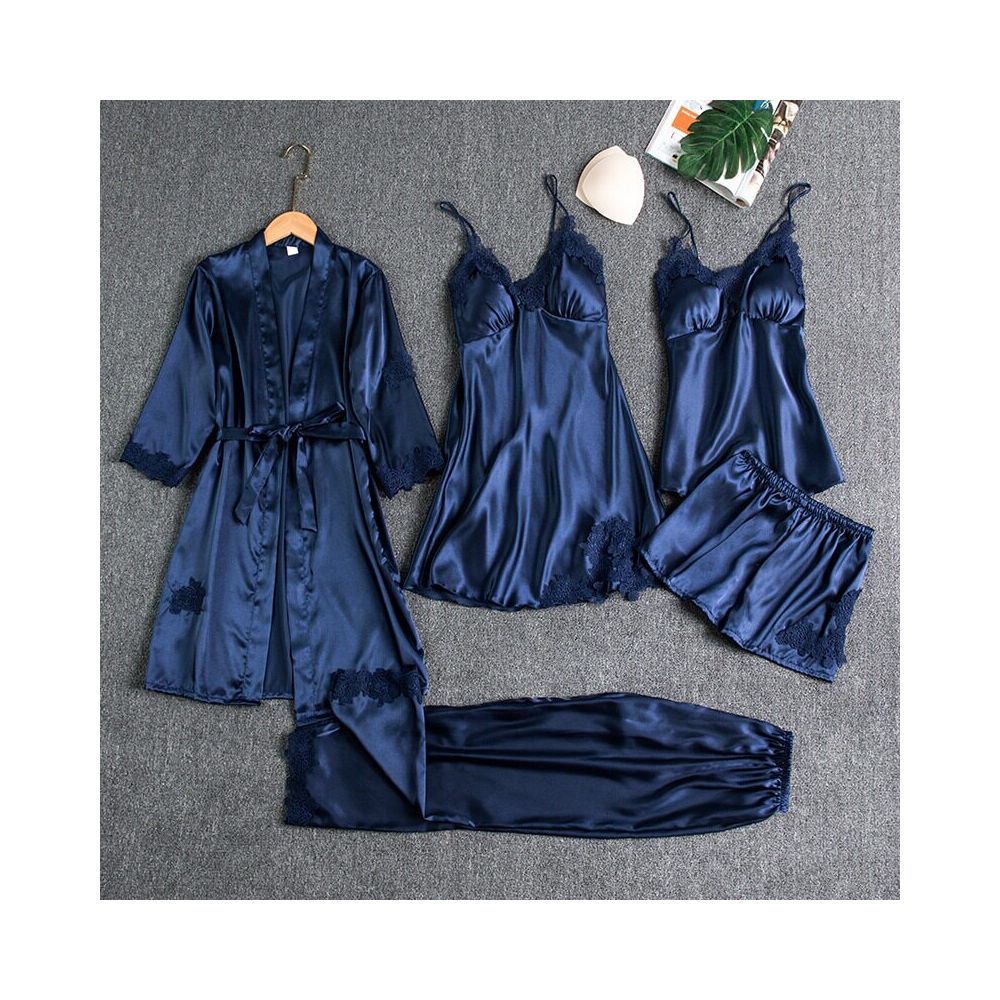 Women s Pajama Set with Padded Bra Spring Autumn and Summer Five Piece Silk Pajama Set Sexy Slip Dress Long Sleeved Robe Home Wear image 2