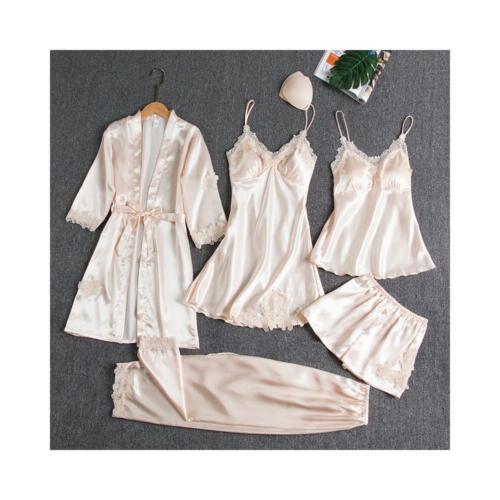 Women s Pajama Set with Padded Bra Spring Autumn and Summer Five Piece Silk Pajama Set Sexy Slip Dress Long Sleeved Robe Home Wear image 3
