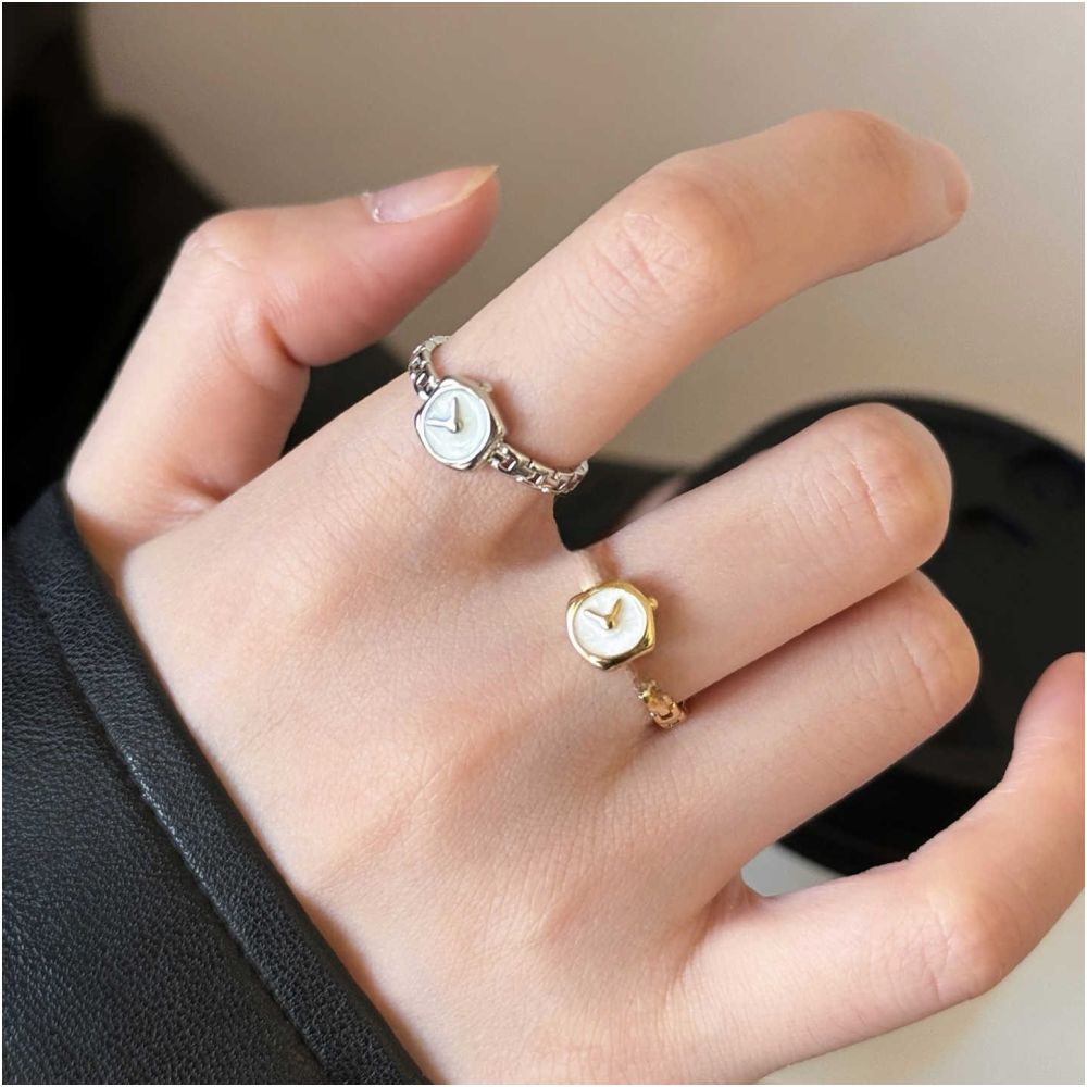 A reverse clock design a minimalist watch chain ring for women adjustable thin with a drop glaze finish for the index finger image 0