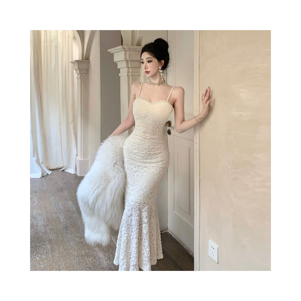 Heavy duty beaded lace fishtail slip dress French elegance slim fit flattering and slimming paired with a strapless bodycon skirt image 0