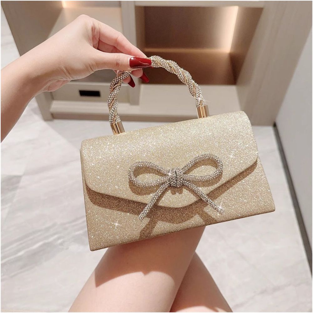 New fashionable and high end banquet bag versatile dress European and American hand held crossbody socialite diamond studded bow chain bag image 0