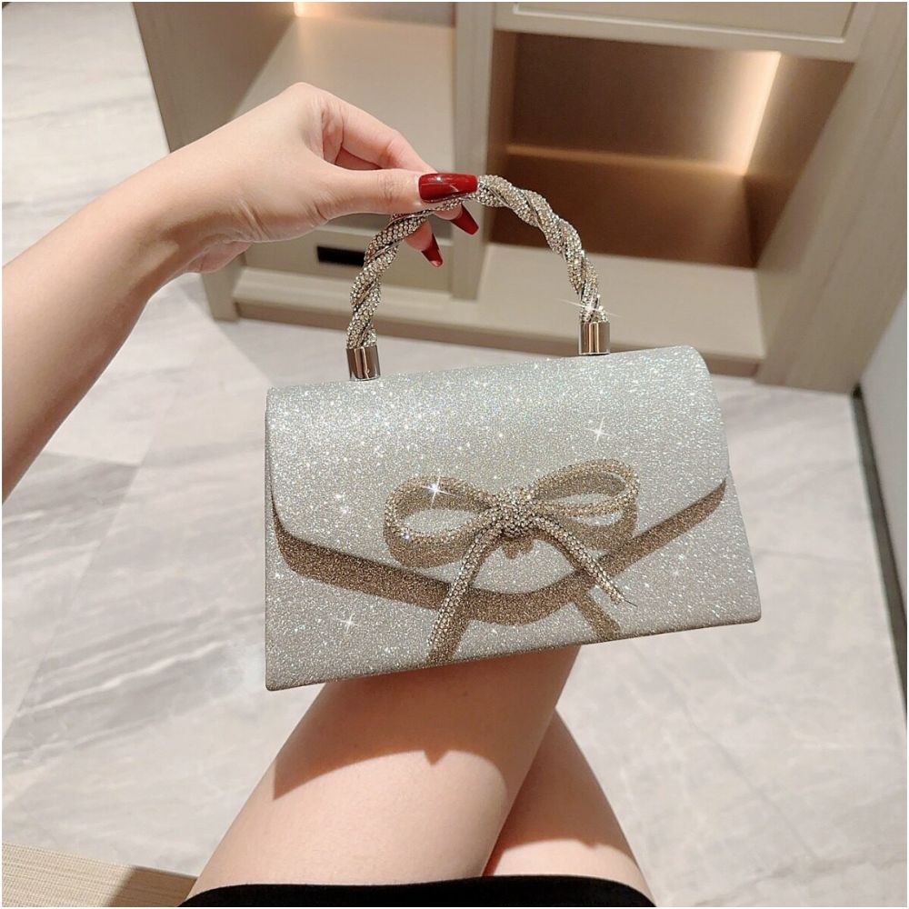 New fashionable and high end banquet bag versatile dress European and American hand held crossbody socialite diamond studded bow chain bag image 4