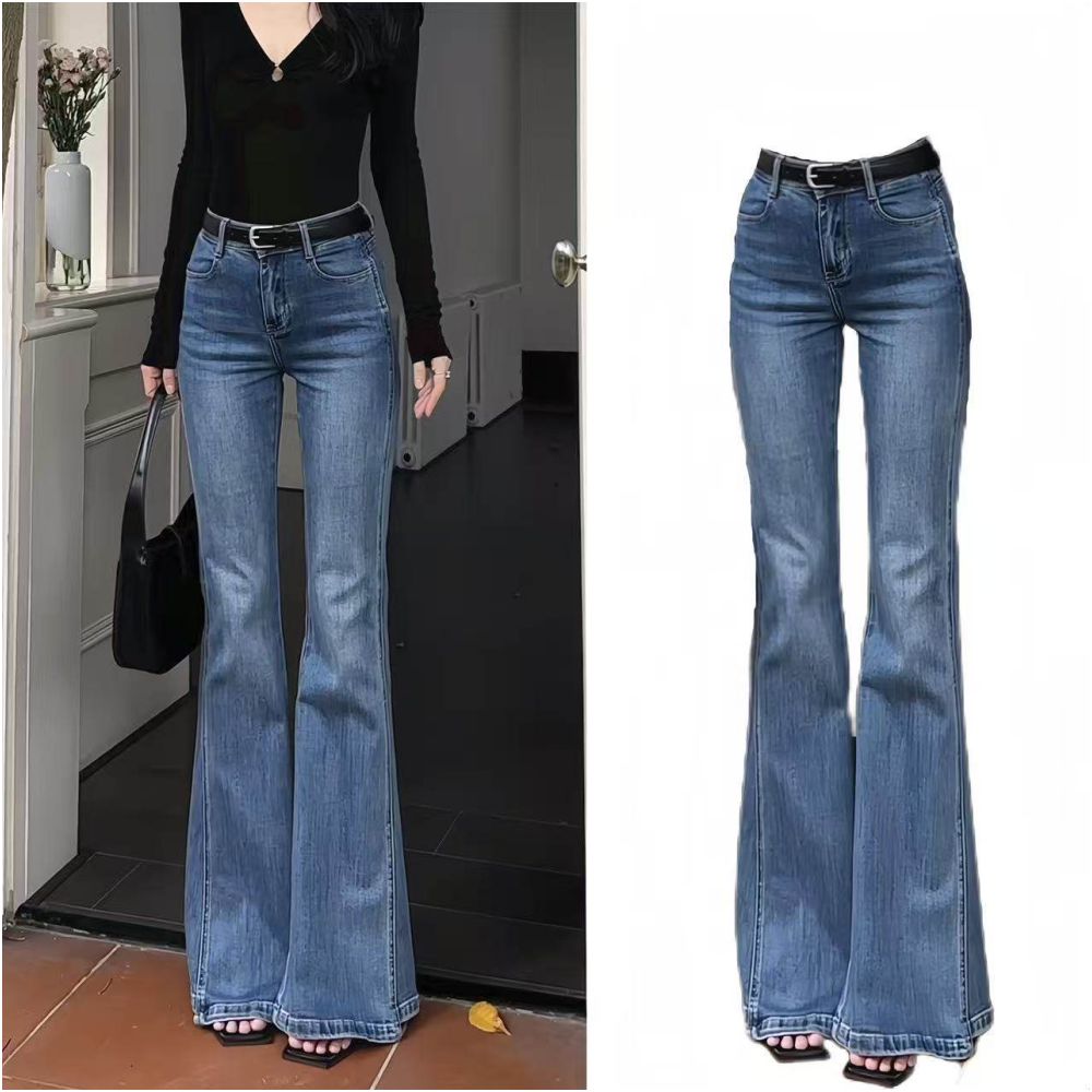 Retro blue micro flared jeans for women in autumn 2025 loose and slimming elastic trumpet horseshoe shaped floor length pants image 1