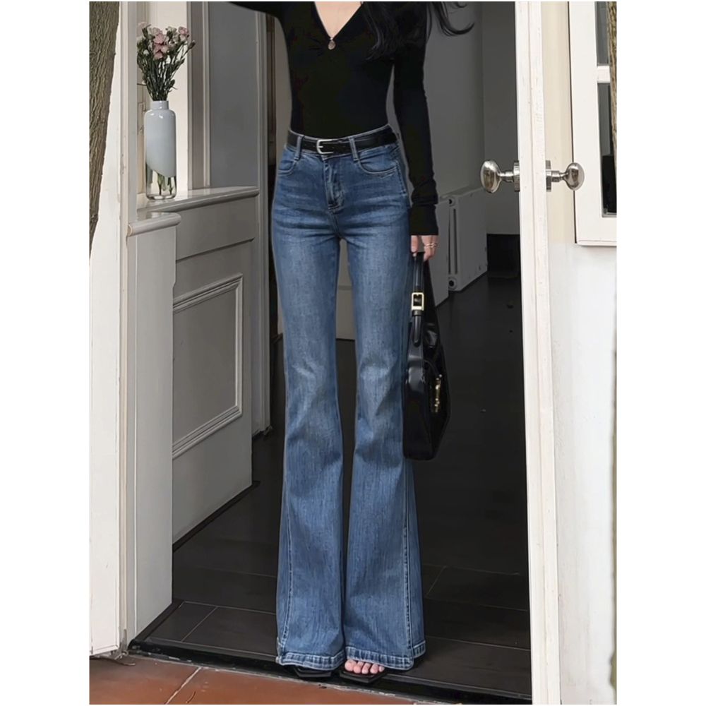Retro blue micro flared jeans for women in autumn 2025 loose and slimming elastic trumpet horseshoe shaped floor length pants image 2