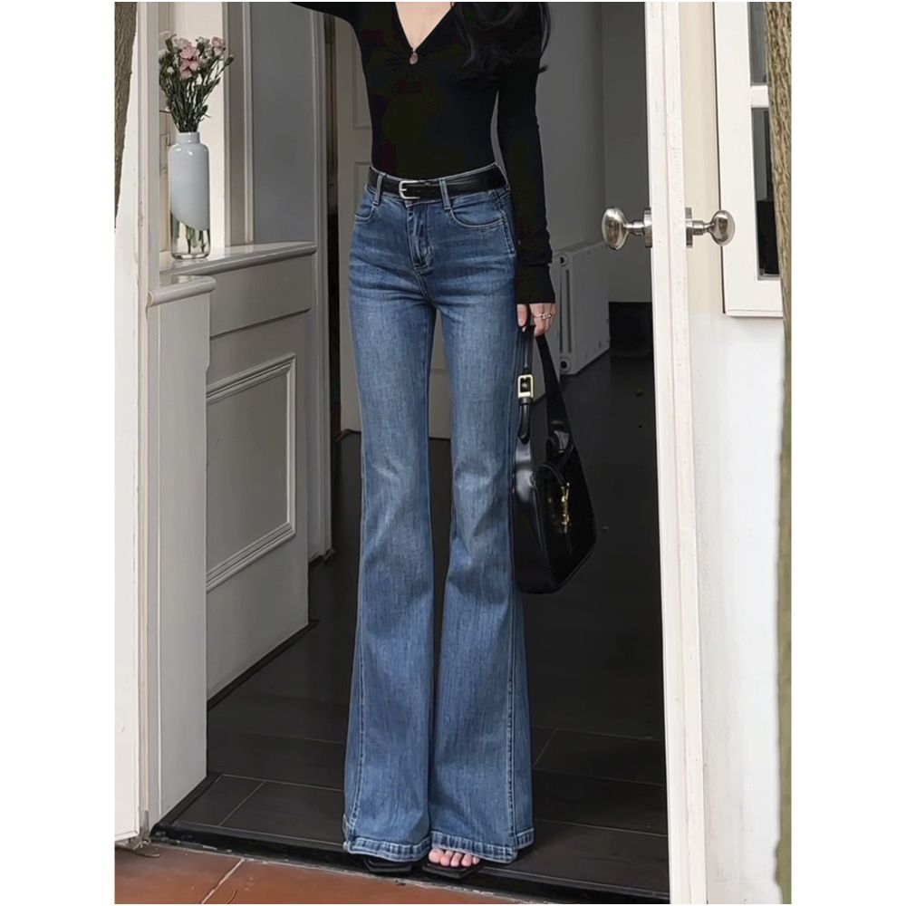Retro blue micro flared jeans for women in autumn 2025 loose and slimming elastic trumpet horseshoe shaped floor length pants image 4