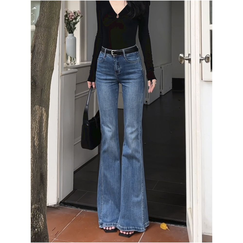 Retro blue micro flared jeans for women in autumn 2025 loose and slimming elastic trumpet horseshoe shaped floor length pants image 5