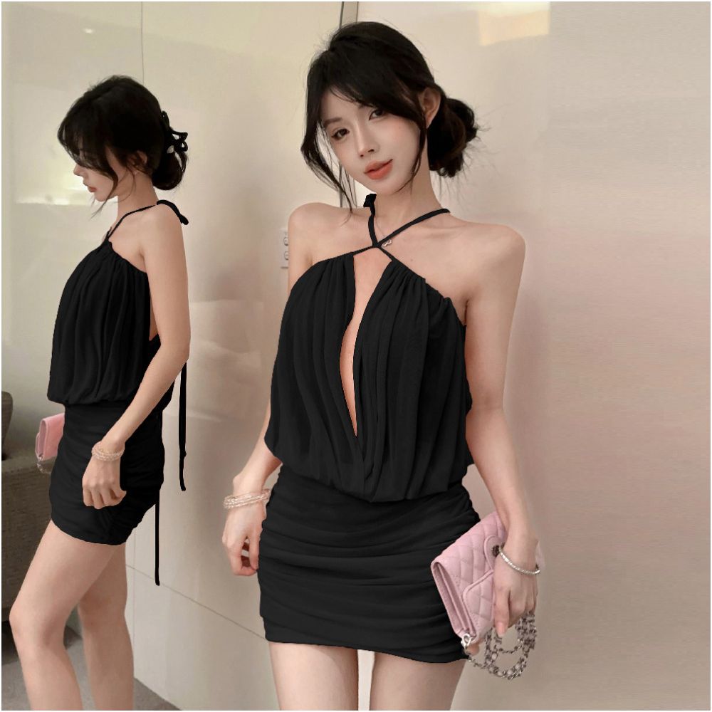 Internet celebrity pure desire sexy style low cut hanging neck dress with hollowed out pleats at the back for slimming and slimming pleated hip hugging short skirt image 2